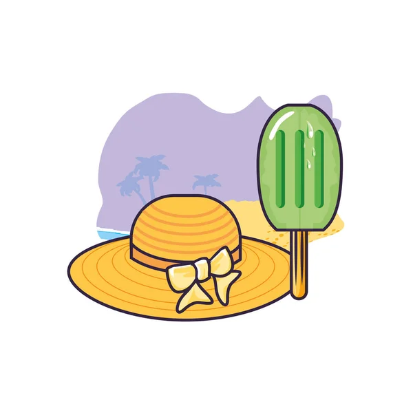 Sombrero de mimbre femenino en la playa con helado en palo — Vector de stock