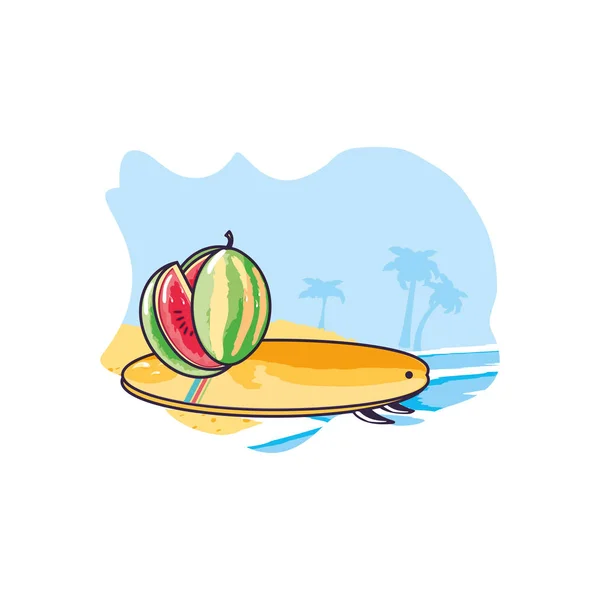 Deporte de surf en la playa con sandía — Vector de stock