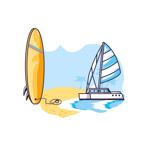 Équipement de planche de surf sport à la plage avec voilier — Image vectorielle