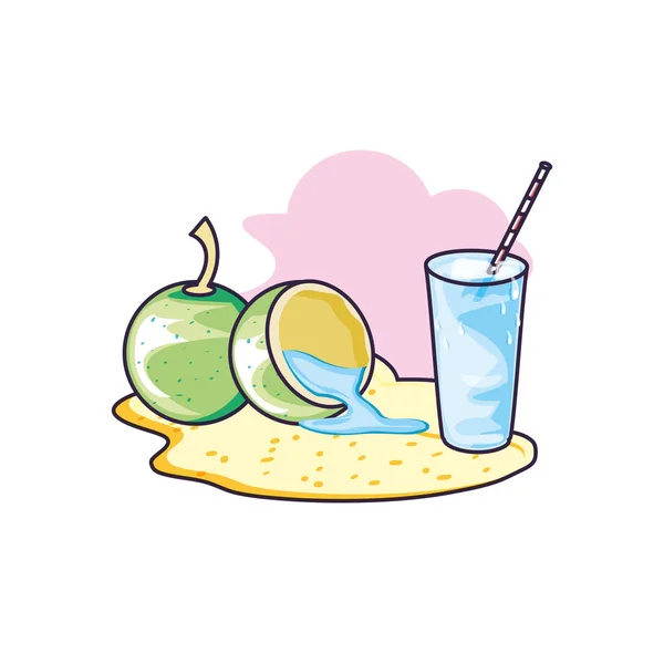 Refresh juice in the beach with coconut — Stock Vector