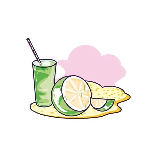 Succo rinfrescante in spiaggia con frutta ai limoni — Vettoriale Stock