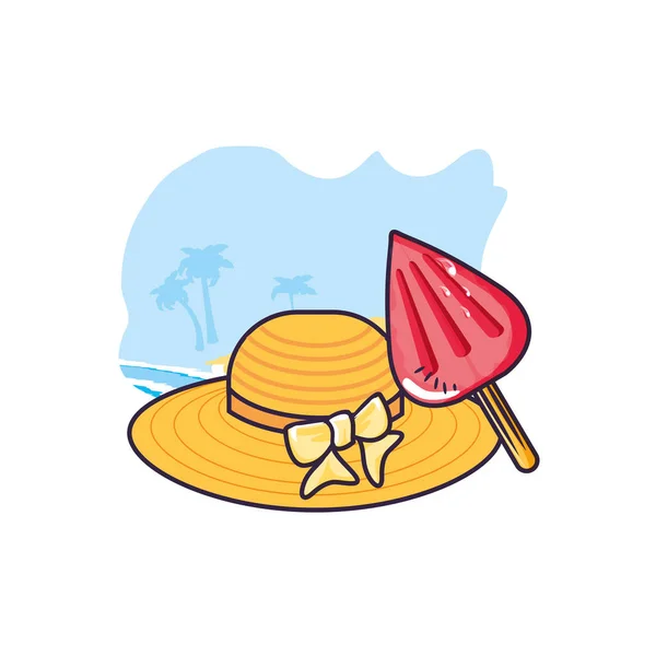 Sombrero de mimbre femenino en la playa con helado en palo — Vector de stock