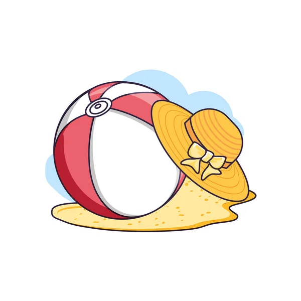 Καπέλο θηλυκό ψάθινο στην παραλία με μπάλα — Διανυσματικό Αρχείο