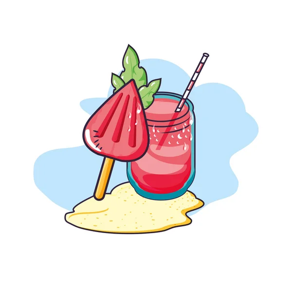 Refrescar el jugo en la playa con helado en palo — Vector de stock