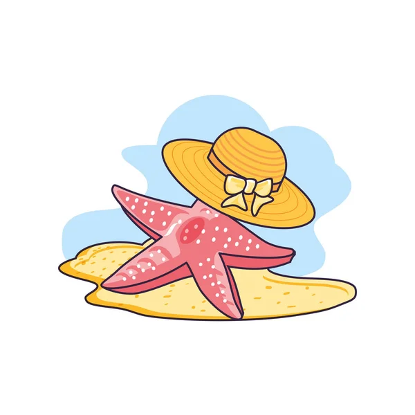 Sombrero de mimbre hembra en la playa con estrellas de mar — Vector de stock