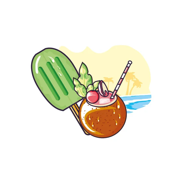 Glace avec bâton dans la plage et cocktail noix de coco — Image vectorielle