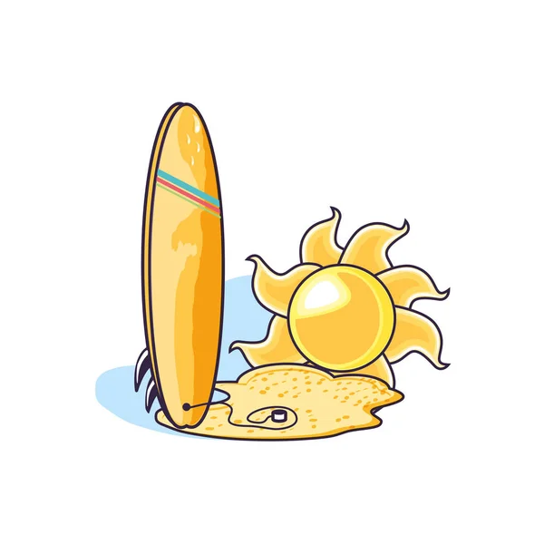 Équipement de planche de surf sport à la plage avec soleil — Image vectorielle