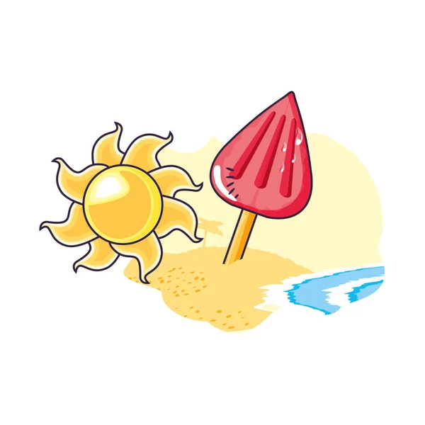 Ice cream with stick in the beach and sun — Stock Vector