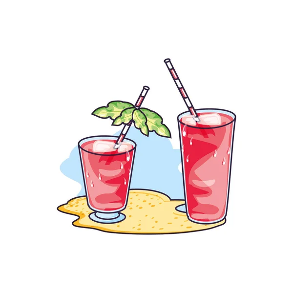 海滩的一组清爽果汁 — 图库矢量图片