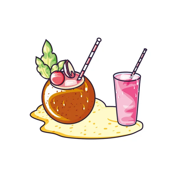 Fris SAP op het strand met cocktail kokosnoot — Stockvector