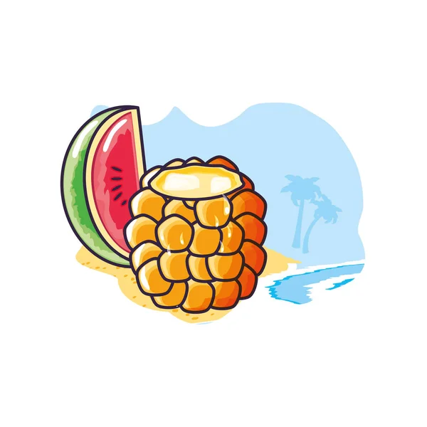 Cóctel de piña con rodaja de sandía en la playa — Vector de stock