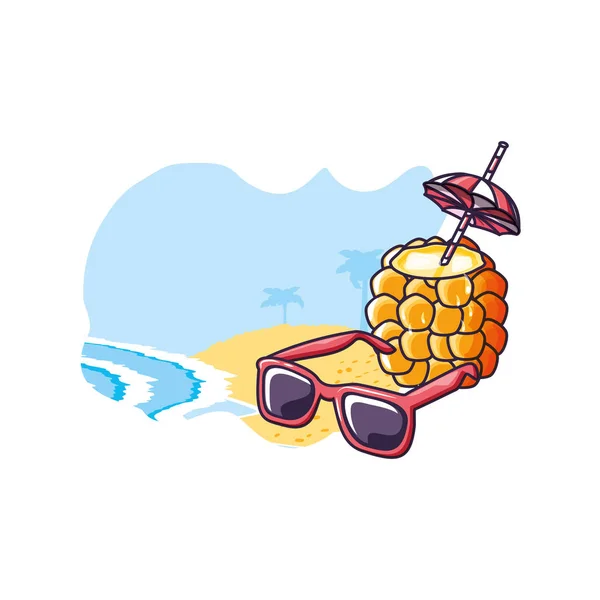 Cocktail d'ananas à la plage avec des lunettes de soleil — Image vectorielle