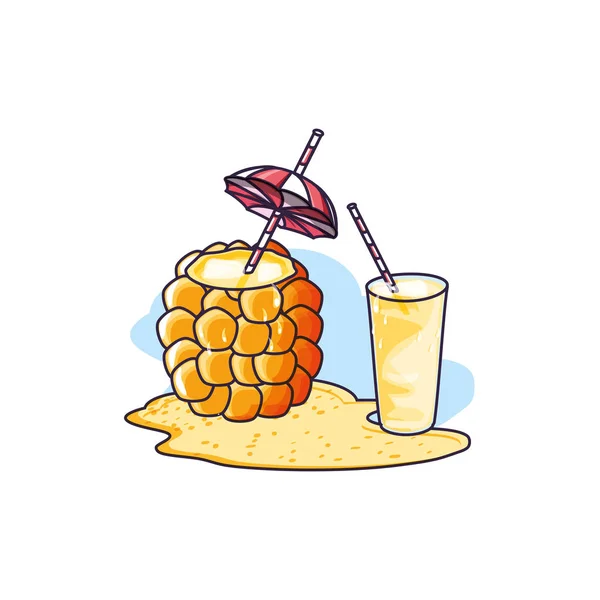 Cóctel de piña con vaso de jugo en la playa — Archivo Imágenes Vectoriales