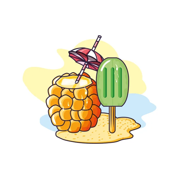 菠萝鸡尾酒与冰激凌在棍子 — 图库矢量图片