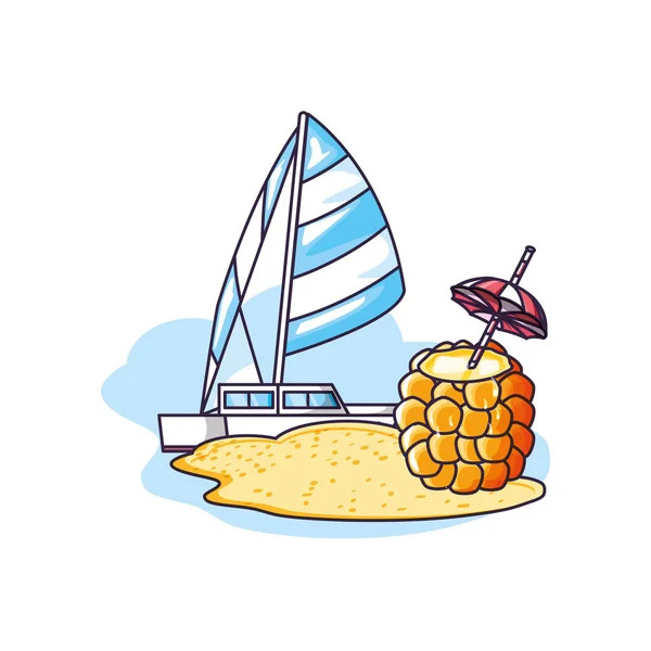 Cocktail d'ananas avec voilier à la plage — Image vectorielle