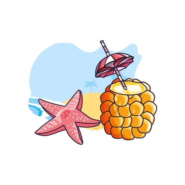 Cóctel de piña en la playa con estrellas de mar — Vector de stock