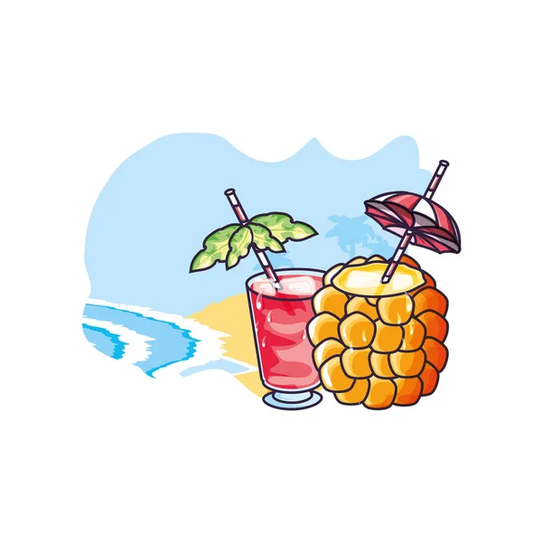 Cocktail d'ananas avec verre de jus à la plage — Image vectorielle