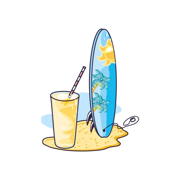 Refrescar el jugo en la playa con tabla de surf — Vector de stock