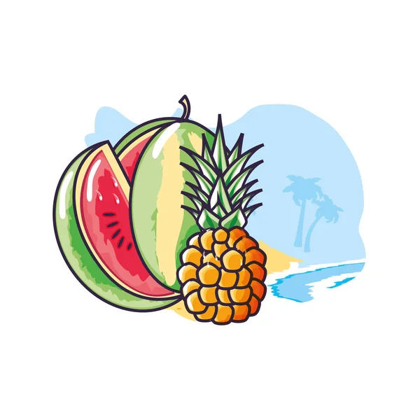 Ananas frais sur la plage avec pastèque — Image vectorielle