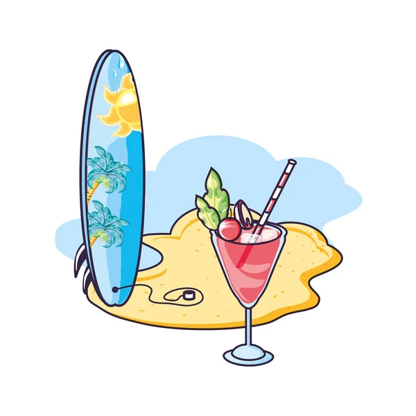 Planche de surf sport à la plage avec cocktail — Image vectorielle