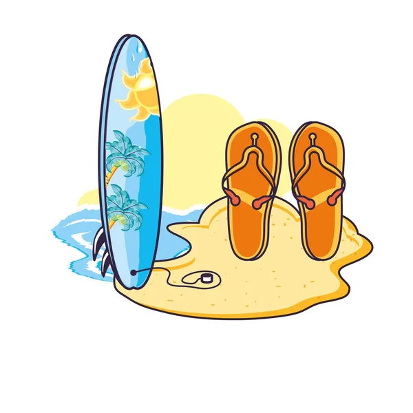 Surfboard sport in the beach with flip flops — Stock Vector