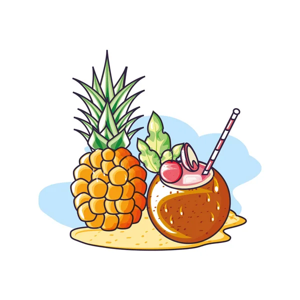 Verse ananas fruit op het strand met cocktail kokosnoot — Stockvector