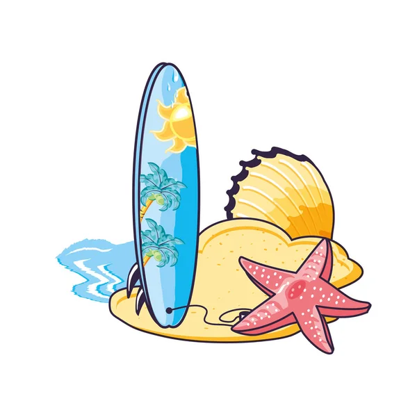 Surf sur la plage avec des étoiles de mer — Image vectorielle
