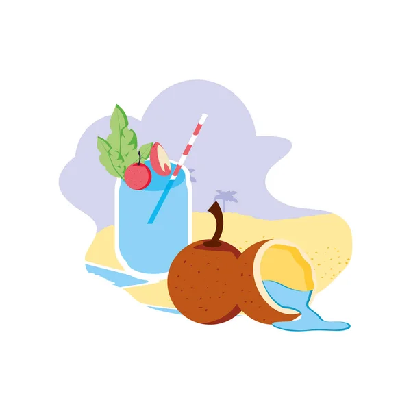 Свіжий кокос з наполовину фруктами на пляжі та соком — стоковий вектор
