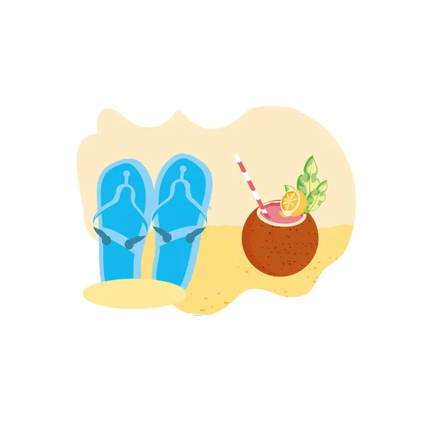 Cóctel de verano de coco en la playa con chanclas — Vector de stock