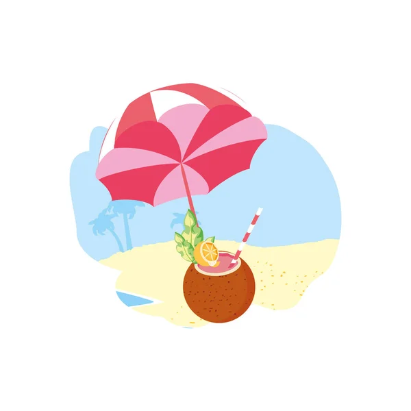 Cocktail estivo di cocco in spiaggia con ombrellone — Vettoriale Stock