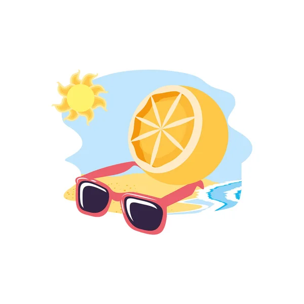 Sommersonnenbrille am Strand mit Orange — Stockvektor