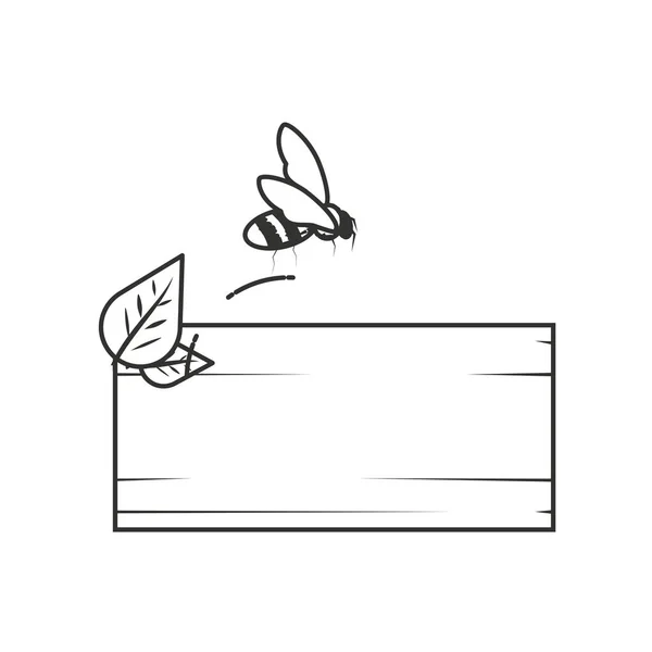 Ξύλινη ετικέτα με φύλλα και μέλισσα — Διανυσματικό Αρχείο