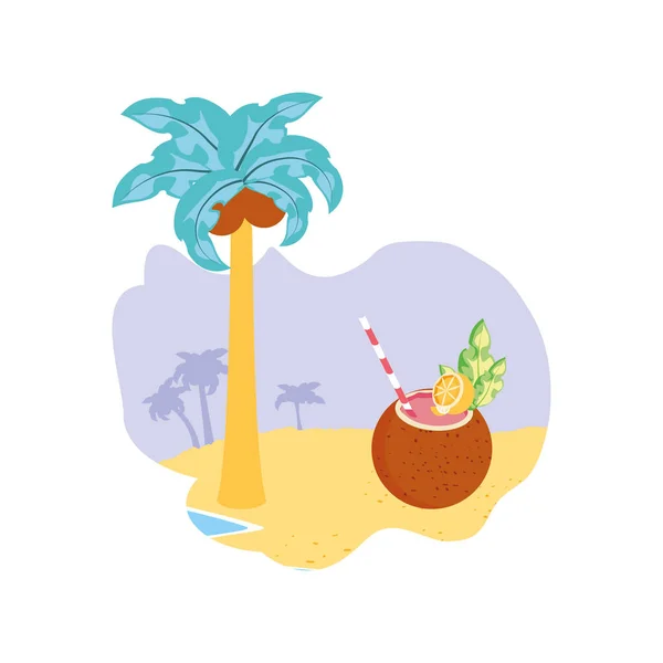 Cóctel de verano de coco en la playa — Vector de stock