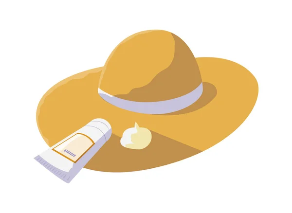 Sombrero de paja de verano y producto bloqueador solar — Vector de stock