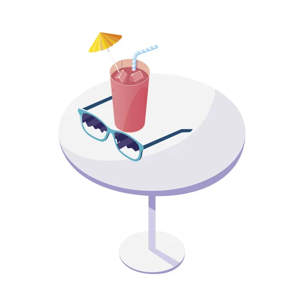 table with juice fruit cocktail and sunglasses