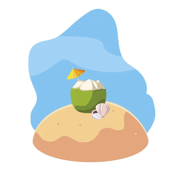 Spiaggia di sabbia estiva con scena cocktail di cocco — Vettoriale Stock