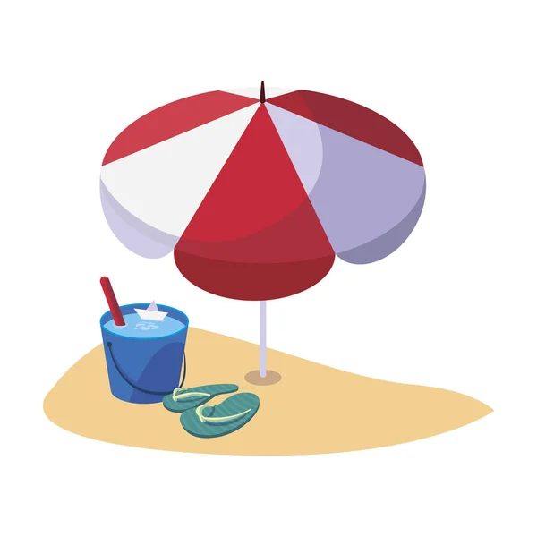 Літній піщаний пляж з парасолькою і фліп-флопс — стоковий вектор