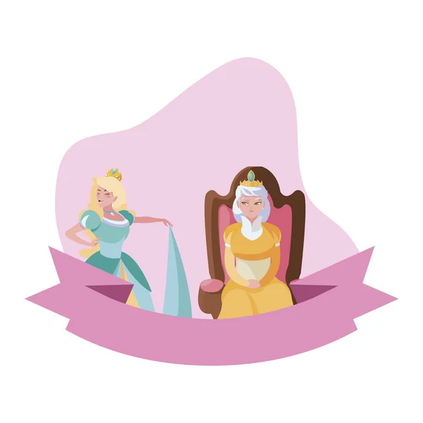 Beautiful princess with queen on throne of tales character — Stock Vector
