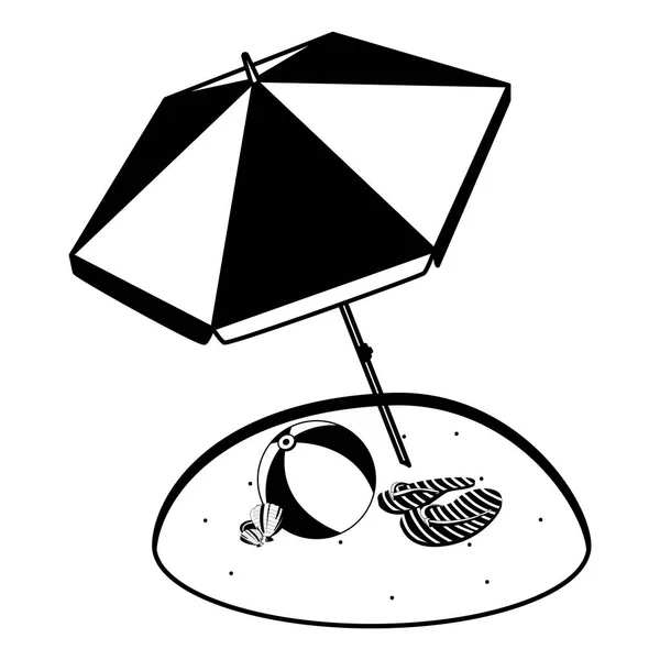 Praia de areia de verão com guarda-chuva e brinquedo de balão — Vetor de Stock