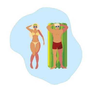 suda yüzer yatak ile genç çift