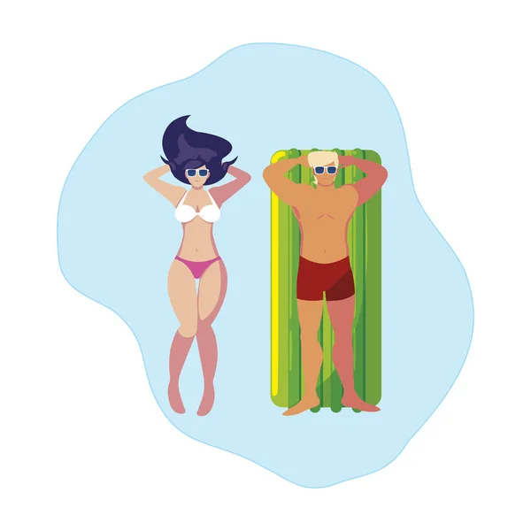 Pareja joven con colchón de flotador en agua — Vector de stock