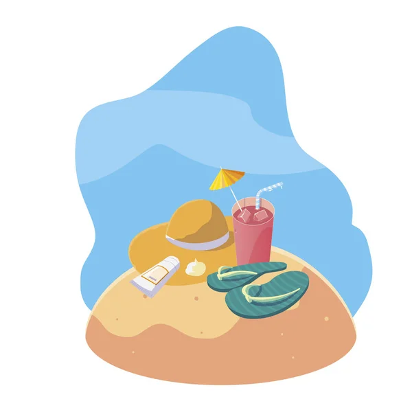Playa de arena de verano con cóctel y escena de iconos — Vector de stock