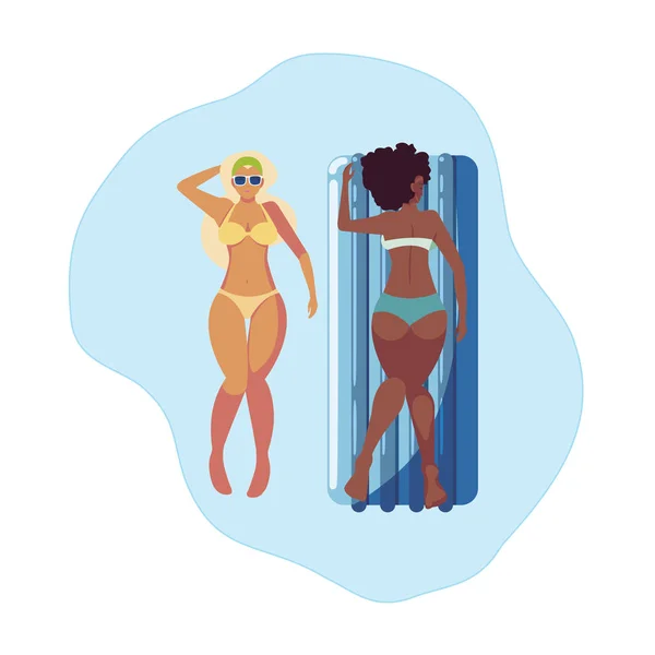 Belles filles interracial avec matelas flottant dans l'eau — Image vectorielle