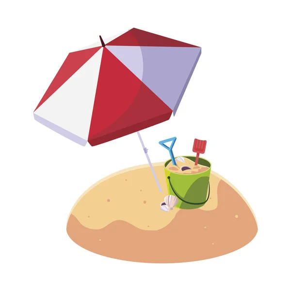 Summer beach with umbrella and sand bucket toys — Stock Vector