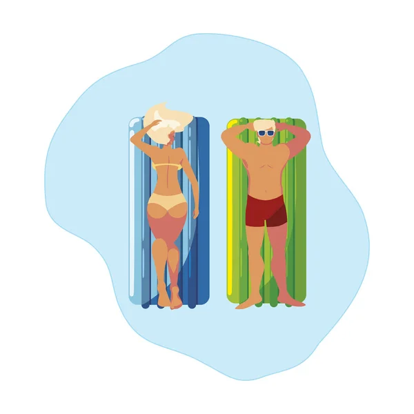 Mladý pár s plovoucí matrací ve vodě — Stockový vektor