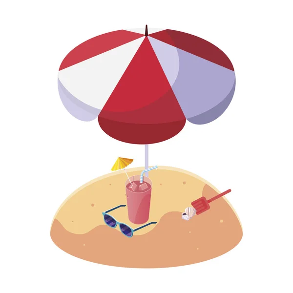 Летний песчаный пляж с зонтиком и коктейлем — стоковый вектор