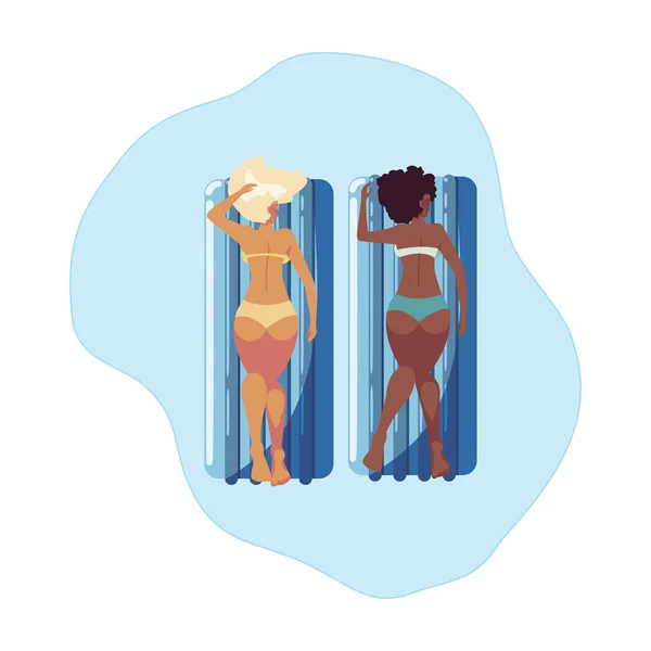 Meninas inter-raciais bonitas com colchão flutuante na água — Vetor de Stock