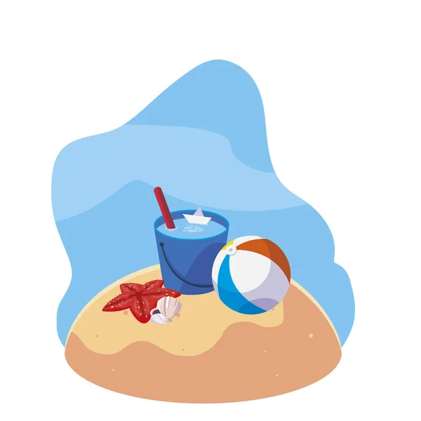 Playa de arena de verano con globo de juguete y los iconos — Vector de stock