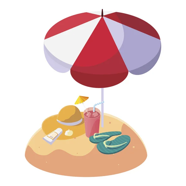 Summer sand beach with umbrella and flip flops — Stock Vector