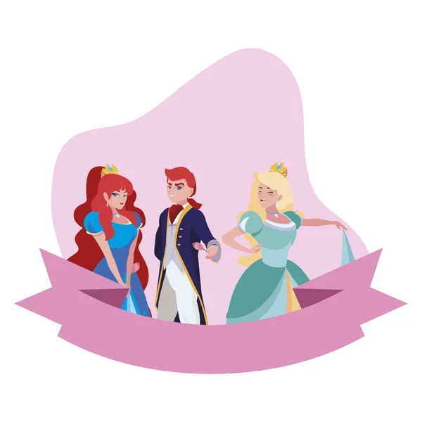 Príncipe encantador y dos princesa de cuentos personajes — Archivo Imágenes Vectoriales
